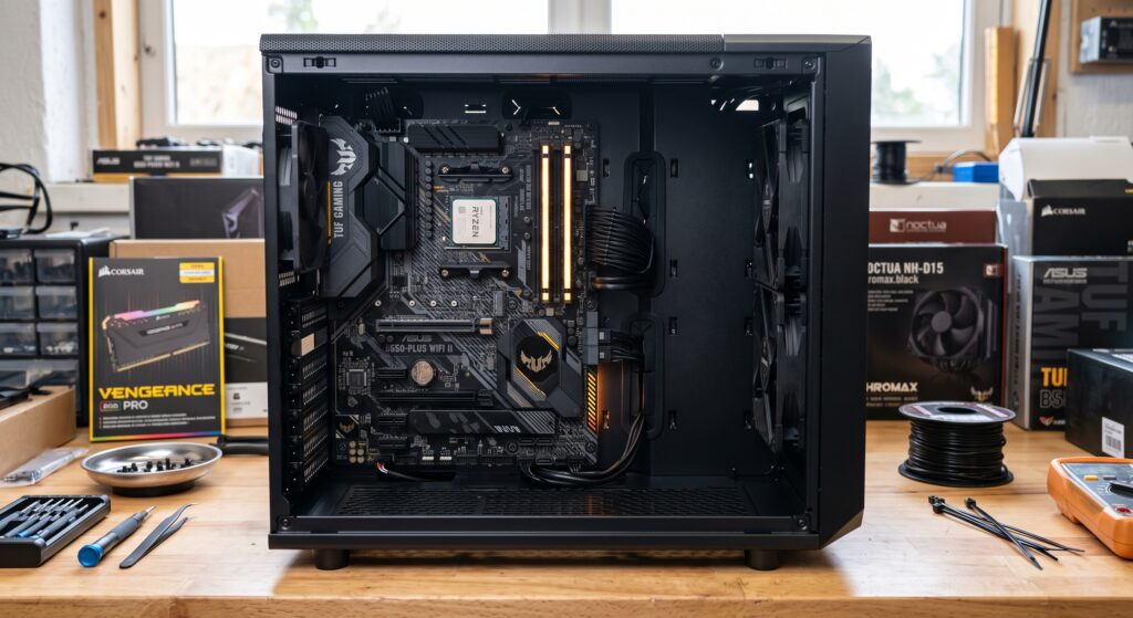 Montagem de peças e componentes internos de um computador gamer