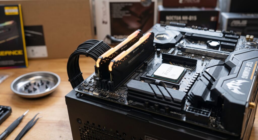Detalhe de conexões elétricas e gerenciamento de cabos em PC gamer