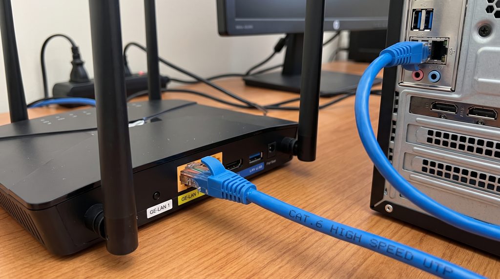 Cabo de rede Ethernet conectado em roteador para jogos online com baixo ping